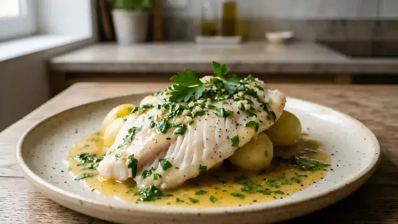 Filet de poisson blanc, peut-être une aile de raie, servi avec des pommes de terre et une sauce au beurre et aux herbes.