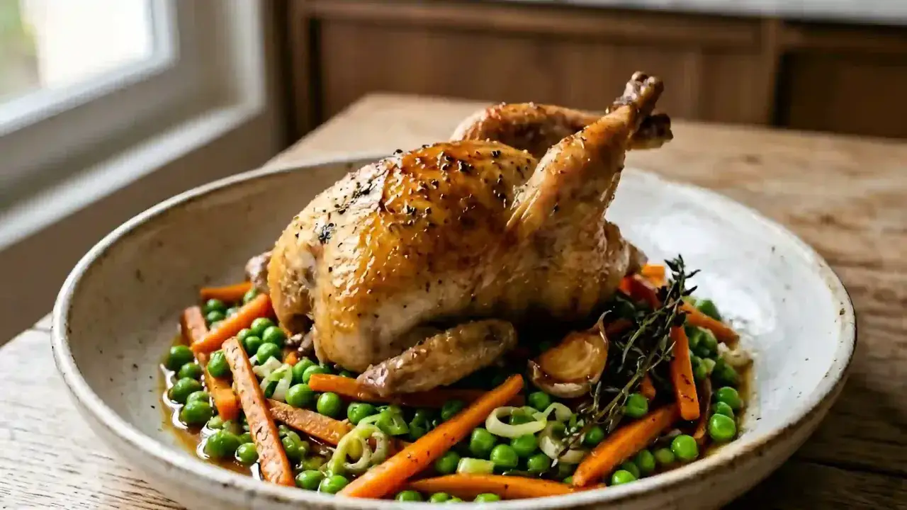 Une délicieuse caille au four, dorée et savoureuse, servie sur un lit de petits pois, carottes et oignons. Un plat réconfortant et plein de saveurs.