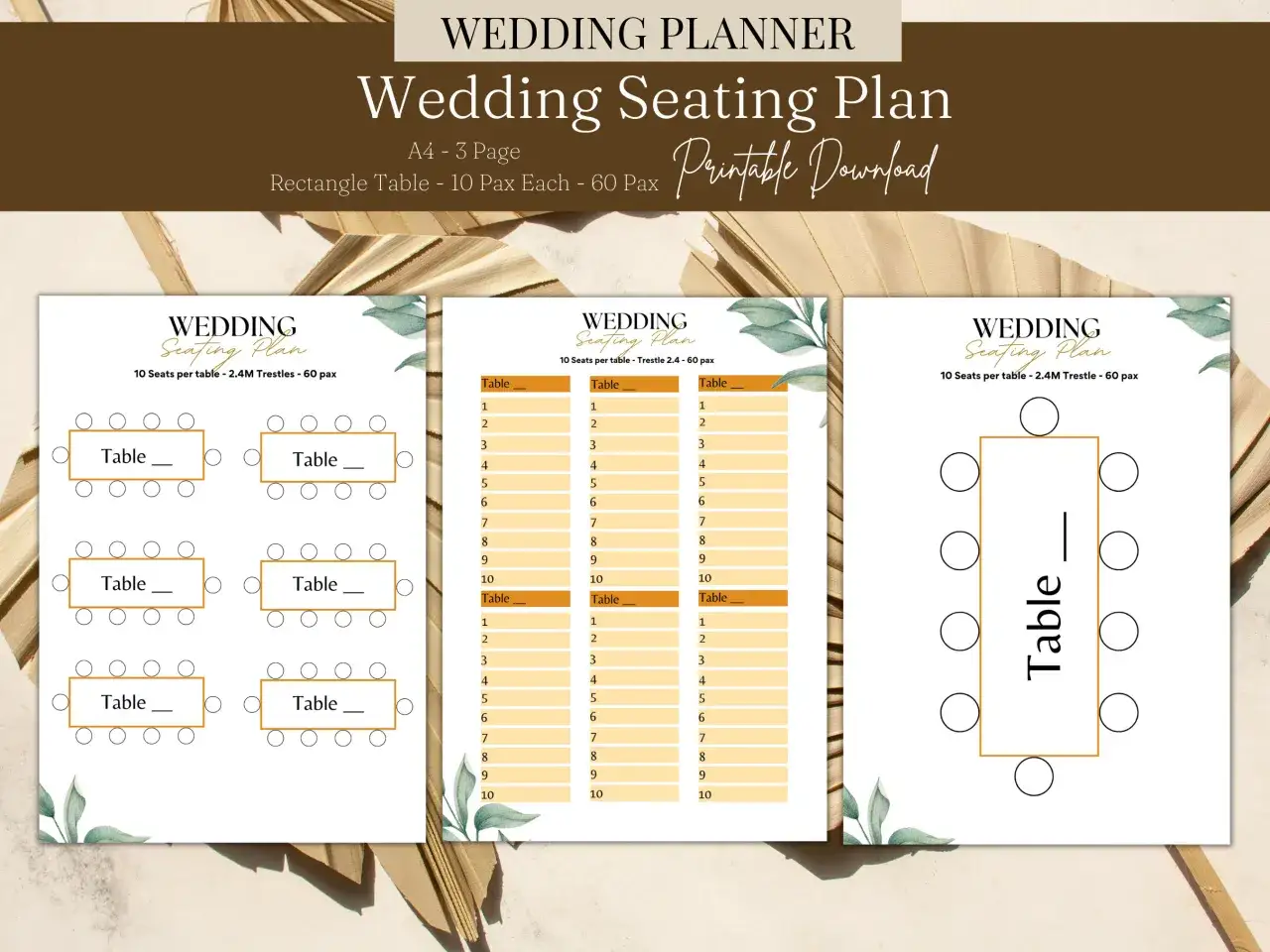 Plan de disposition table mariage pour 60 personnes, avec 6 tables de 10 convives.