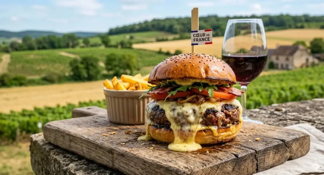 Un délicieux burger montagnard dégoulinant de fromage, servi avec des frites et un verre de vin rouge, dans un paysage de vignobles français.