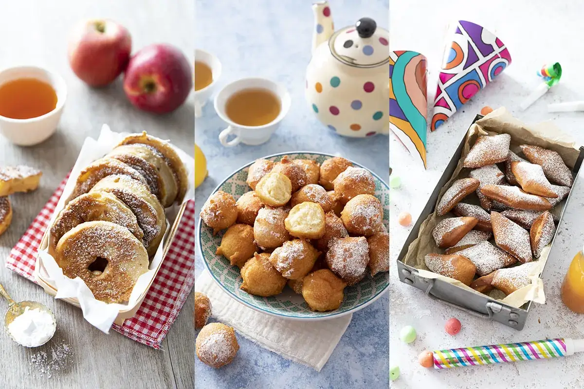Trois pr&eacute;sentations de beignets saupoudr&eacute;s de sucre glace. Des beignets ronds, des beignets en losange, et des beignets en forme de rondelles de pomme. On dirait des crottes d'&acirc;ne, mais en version gourmande !