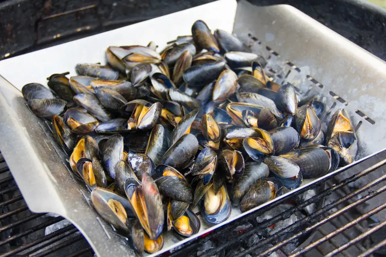 Un plateau de moules au barbecue, prêtes à être dégustées. Les coquilles sombres et les chairs orangées promettent un festin savoureux.