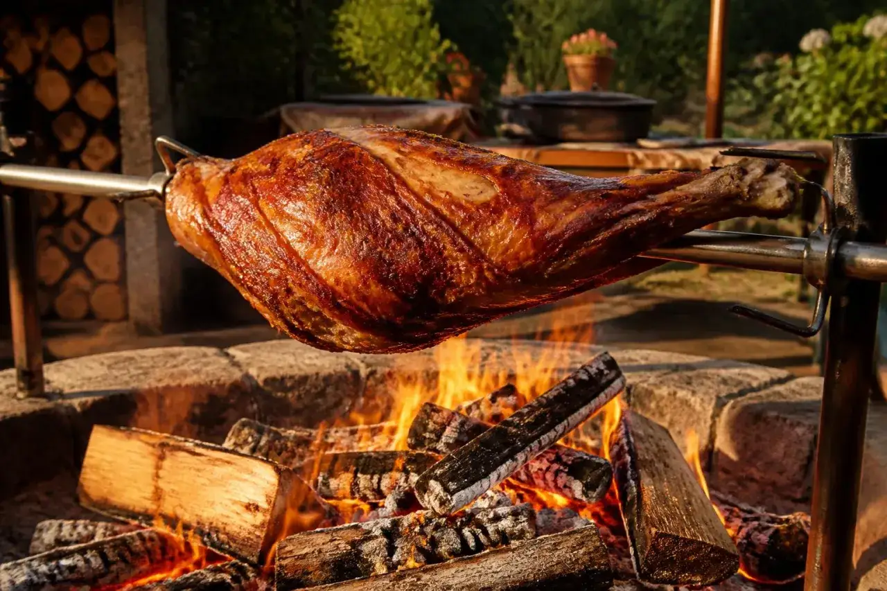 Un jambon à la broche doré et juteux tourne lentement au-dessus d'un feu de bois crépitant. L'odeur alléchante promet un festin inoubliable.