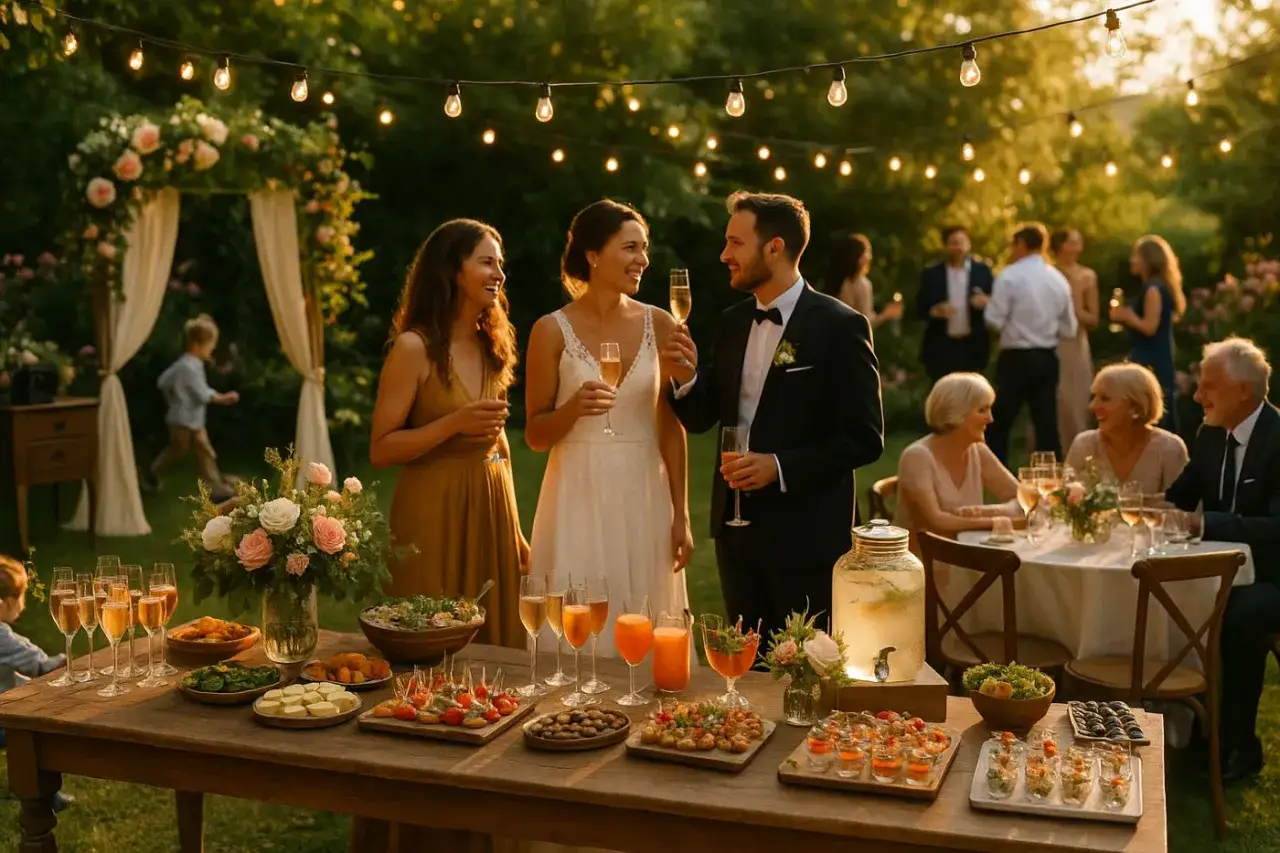 Un couple de mariés trinque avec leurs invités lors d'un vin d'honneur à 16h. Une table garnie de mets et de boissons attend les convives dans un jardin illuminé.