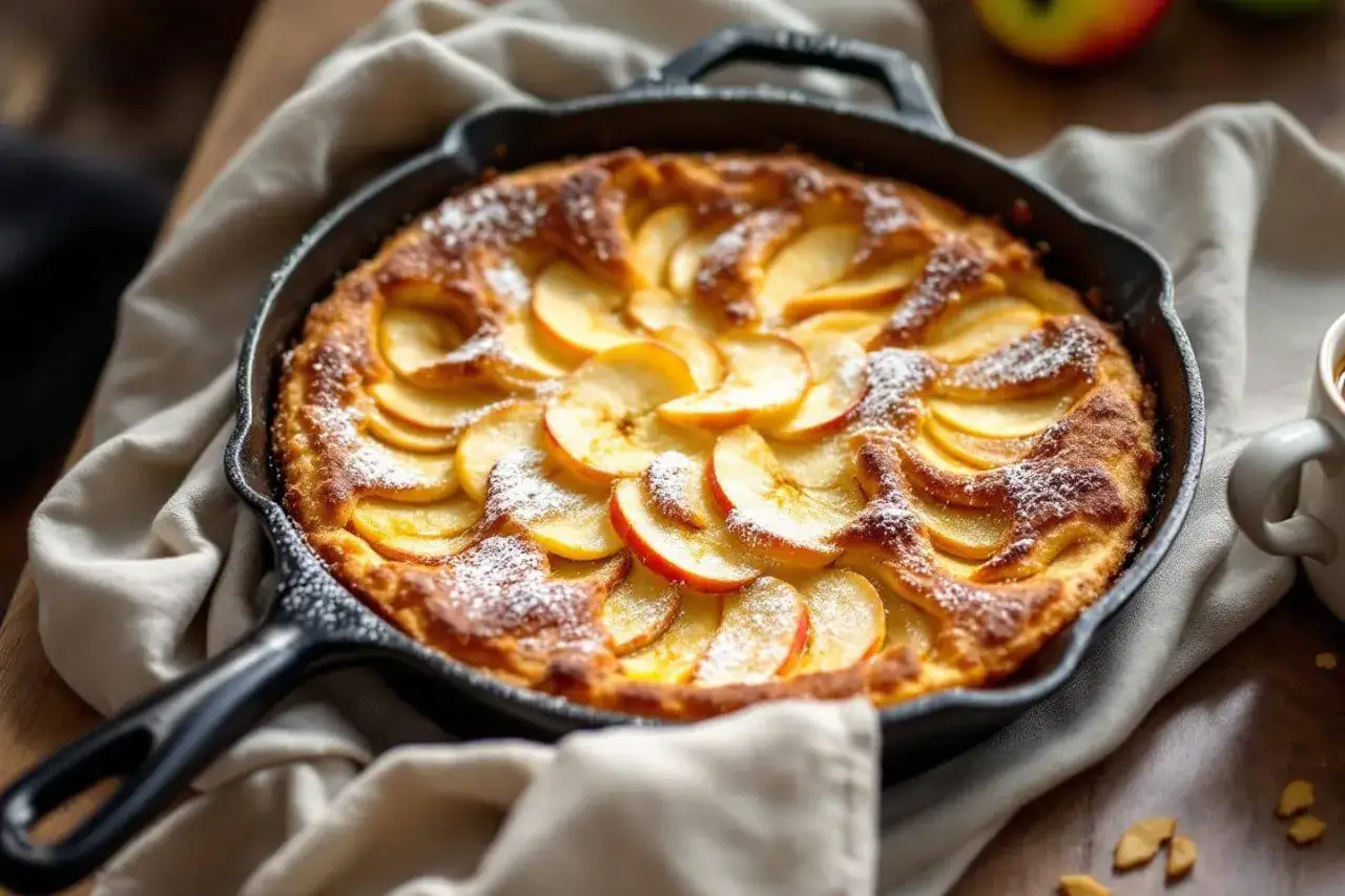 Gâteau léger aux pommes à la poêle, joliment décoré de fines tranches de pommes et saupoudré de sucre glace. Un délice doré et appétissant.