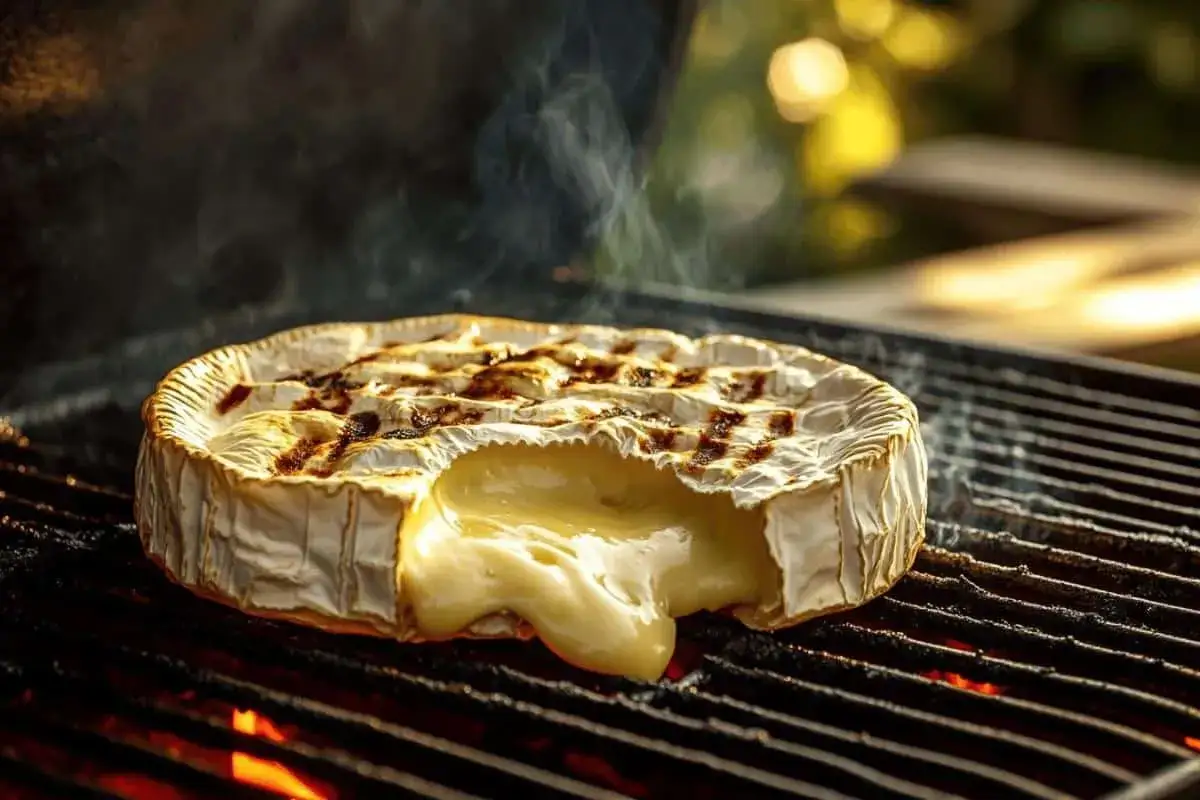 Un camembert au barbecue fond à la perfection, dégageant une fumée alléchante. Le fromage coule doucement sur la grille chaude.