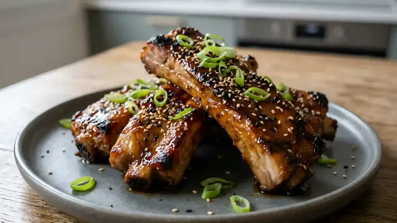 Délicieux accompagnement travers de porc laqué, saupoudré de graines de sésame et d'oignons verts.