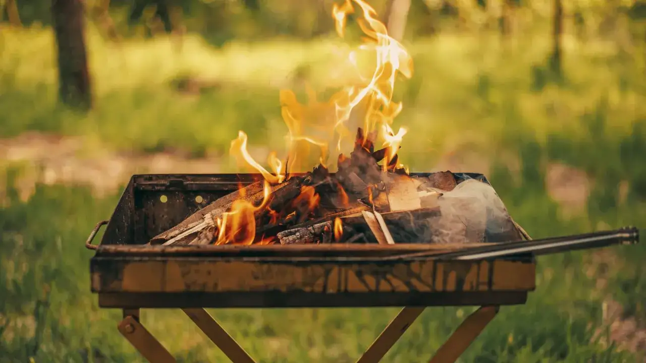 Un barbecue au feu de bois crépite joyeusement, prêt pour un festin en plein air.
