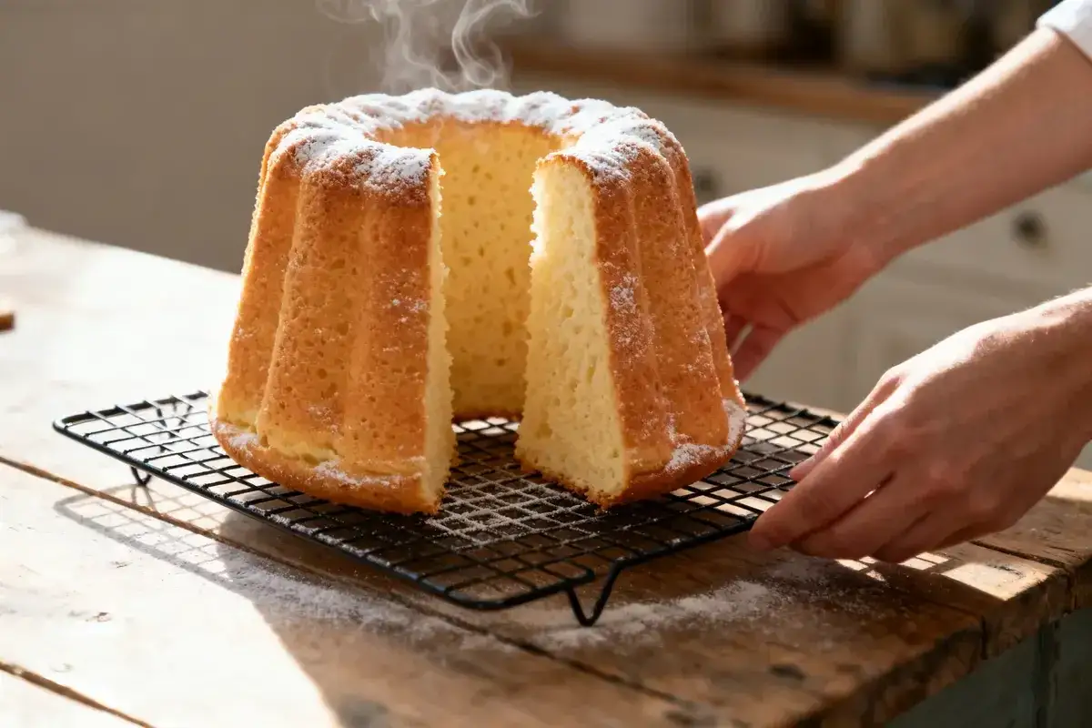 Un gâteau de Savoie bien gonflé, saupoudré de sucre glace, dégage une légère vapeur. Il est posé sur une grille de refroidissement.
