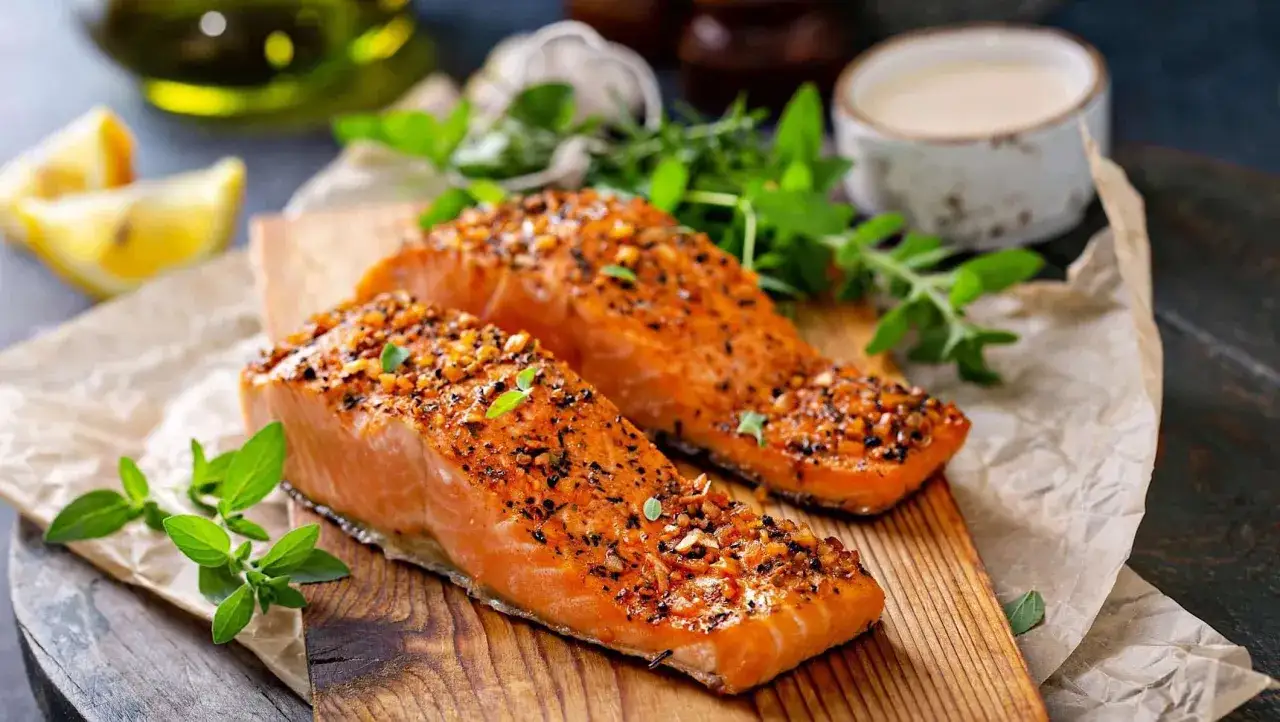 Deux pavés de saumon barbecue, assaisonnés et grillés, sur une planche en bois avec des herbes fraîches et des quartiers de citron.