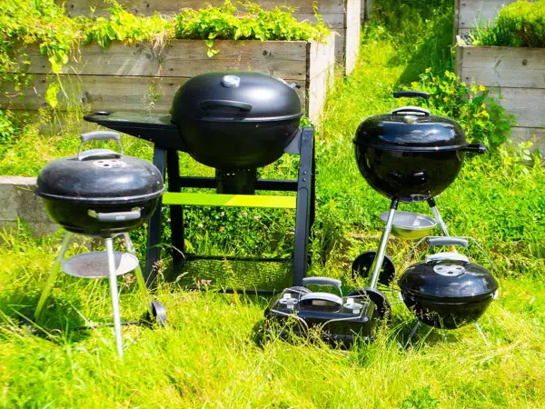 Plusieurs barbecues, certains à charbon, d'autres à bois, sont prêts pour un festin estival dans l'herbe verte.