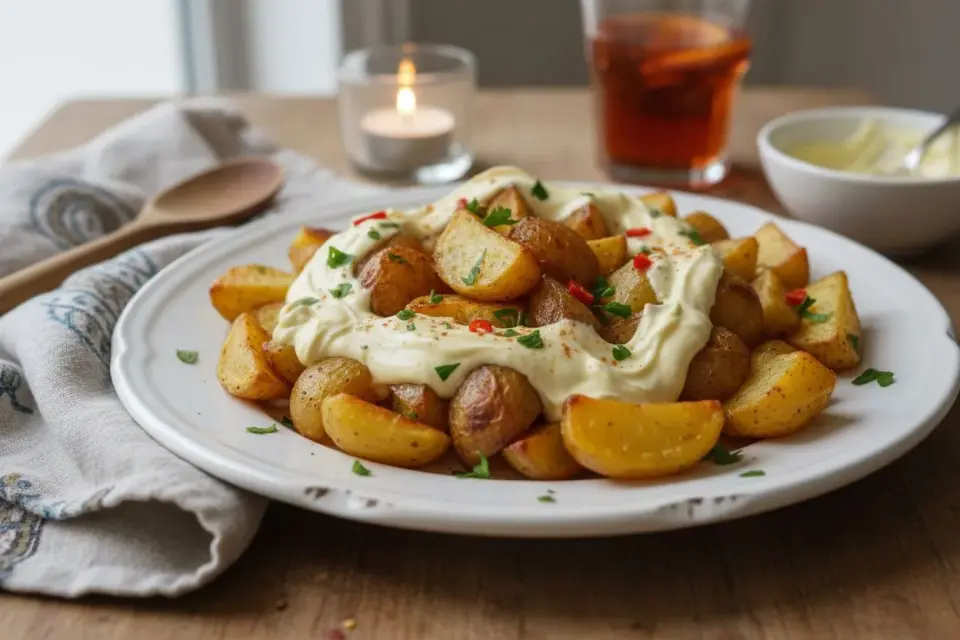Patatas bravas croustillantes avec sauce brava et aïoli